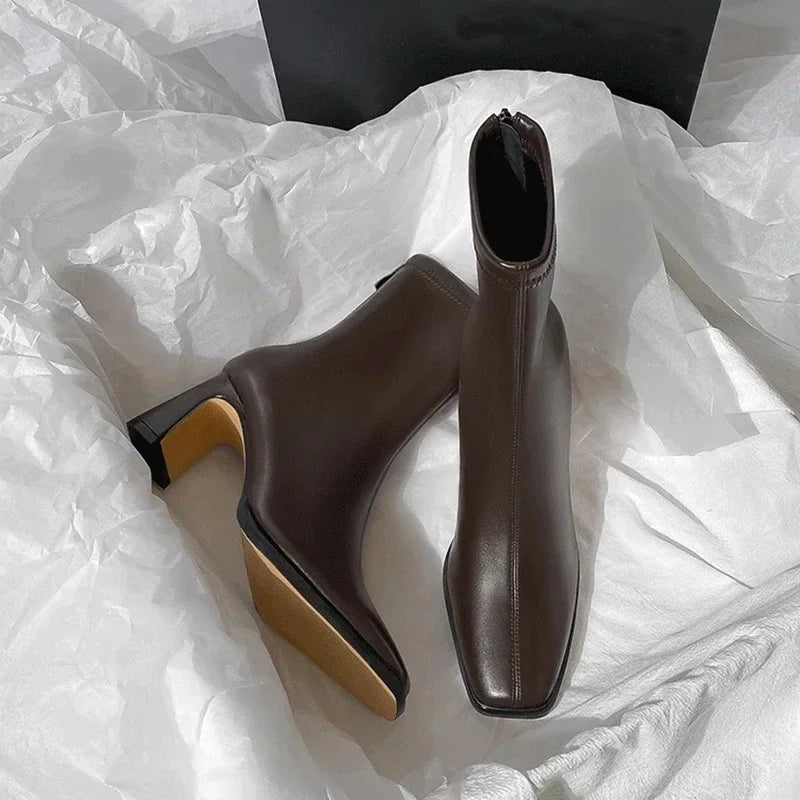 Vintage Warm Cotton Women Ankle Boots Fashion Elegant Square Toe Shoes Autumn Winter Thick Heel Women's Short Booties LadyShow.Store