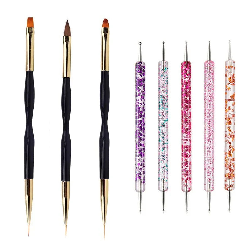 5/20Pcs Nail Art Brush Design Tip Painting Drawing Carving Dotting Pen FlatFan Liner Acrylic Gel UV Polish Manicure Tools Tri Light Beauty