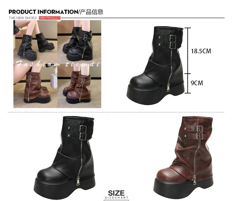 Soft Leather Ankle Mid Calf Boots Winter Autumn High Platform Wedge British Booties Woman New Ladies Chunky Motorcycle Boots 9CM Pi-Mart