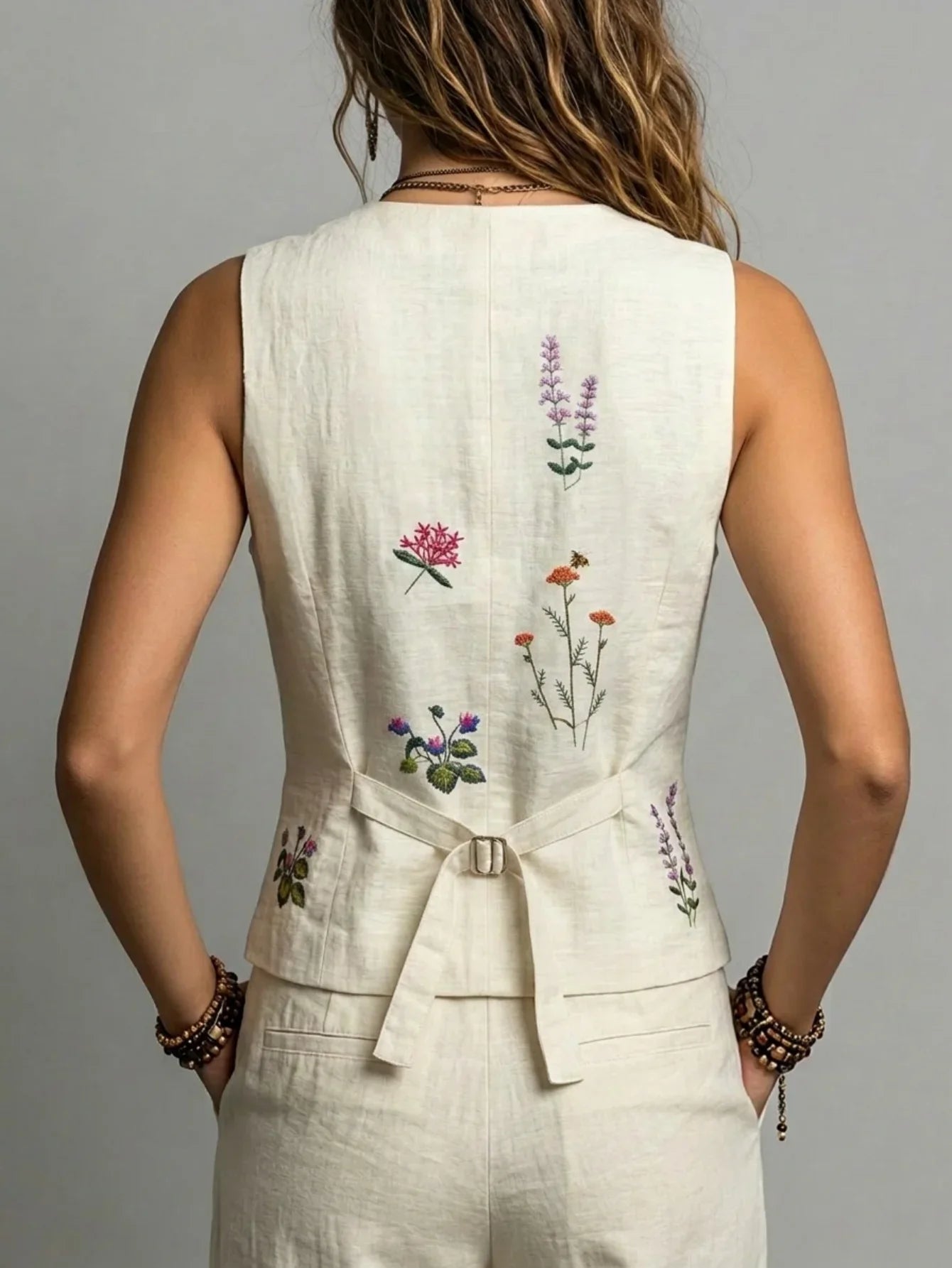 Spring Summer Autumn Linen Gilet with Unique Random Embroidery, Elegant Versatile Commuter Outer‑wear Vest LadyShow.Store