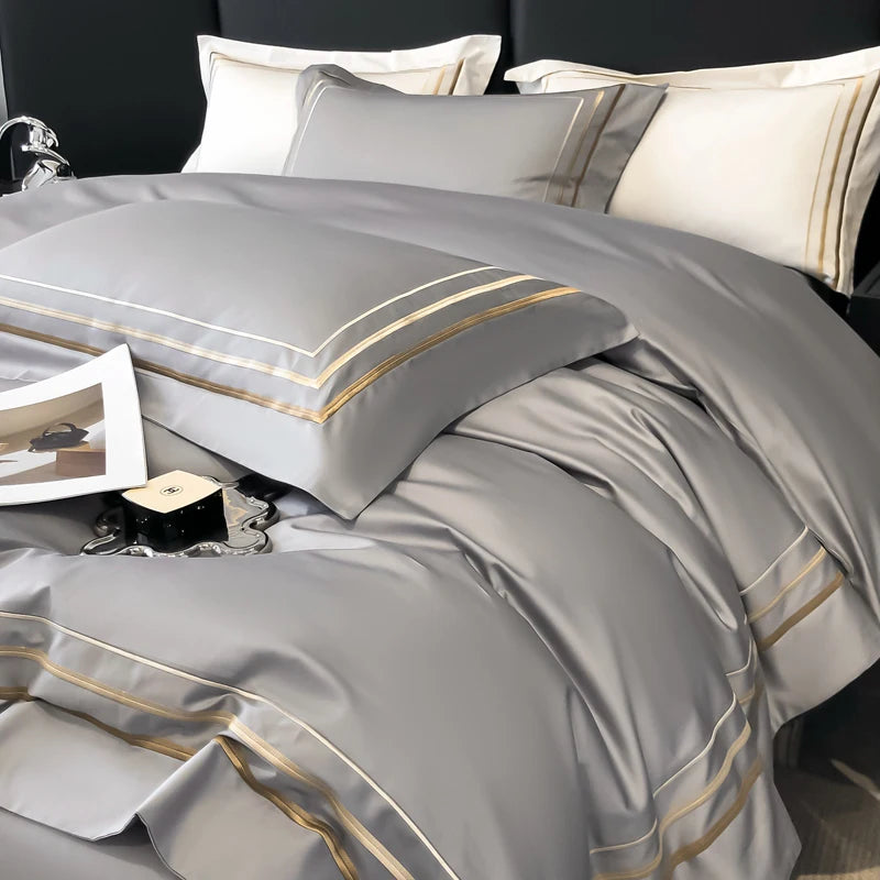 Hotel Style Bedding Set Luxury Golden Embroidery Duvet Cover Grey Egyptian Cotton Bed Sheets Pillowcases Solid Color Bedclothes Pi-Mart