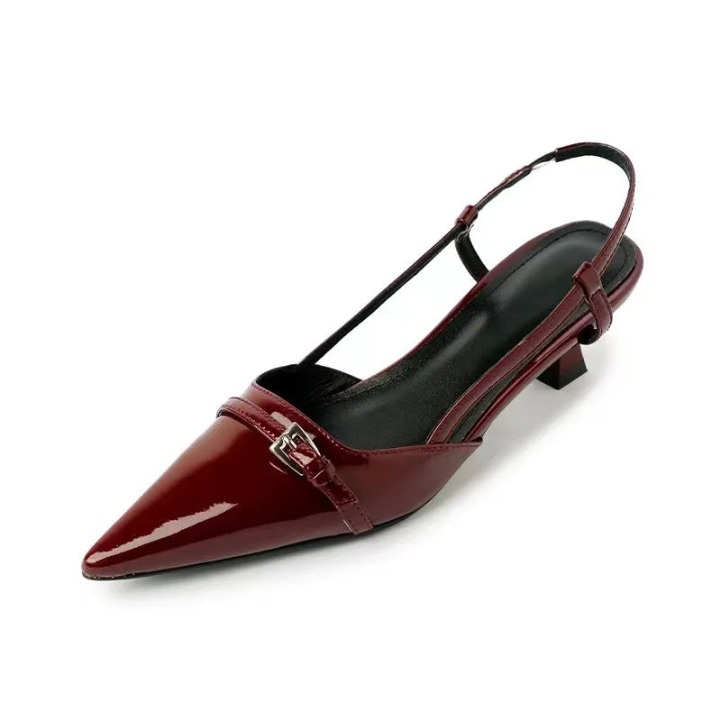2024 New Summer Women's Dress Shoes Patent Leather Slip on Pointed Toe Sandals Buckle Slingbacks Mid Heels Pumps Sandalias Mujer LadyShow.Store