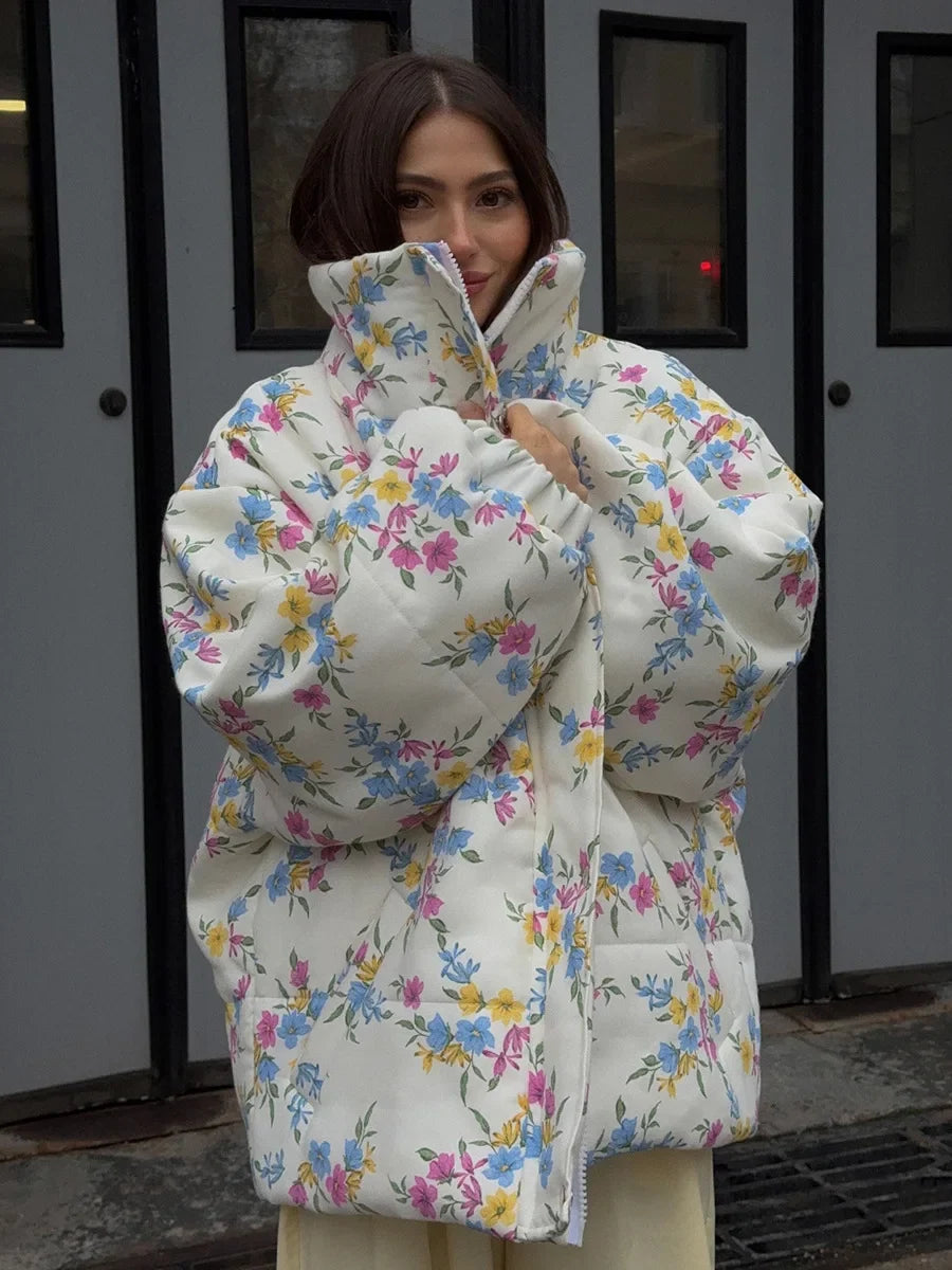 Bornladies New Women's Puffer Jacket Stand Up Collar Zipper Closure Floral Print Warm Cotton Filled Coat Oversized Autumn Winter LadyShow.Store