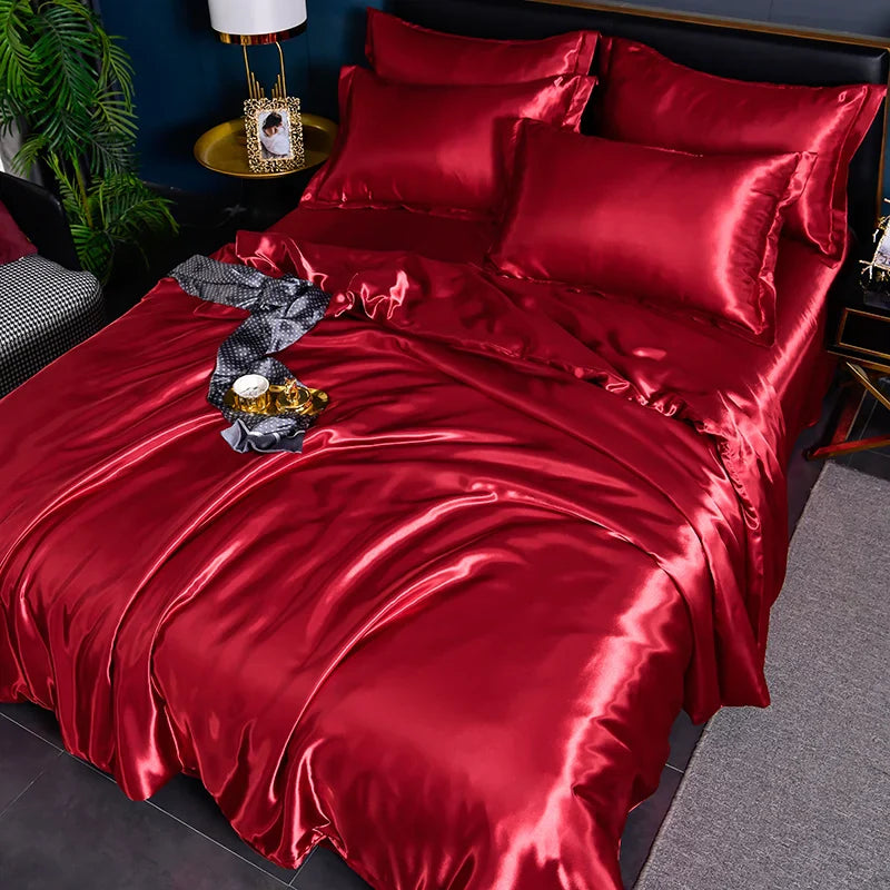 A/B Double-Sided Color Bedding Set Silky Satin Duvet Cover Bed Sheet Pillowcase Luxury Bedsheet King Queen Double Twin Size LadyShow.Store