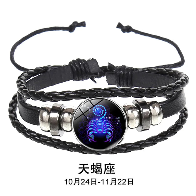 12 Constellation Zodiac Sign Charm Luminous Bracelets Men Women Vintage Multilayer Wrap Leather Chain Bangle Birthday Jewelry Pi-Mart