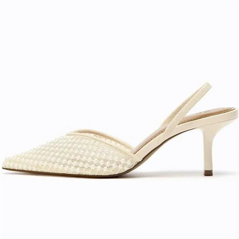 Mesh String Bead Brand Sandals Women Pumps Pointed Toe Elegant Slingback High Heels Female Designer Banquet Wedding Dress Shoes LadyShow.Store
