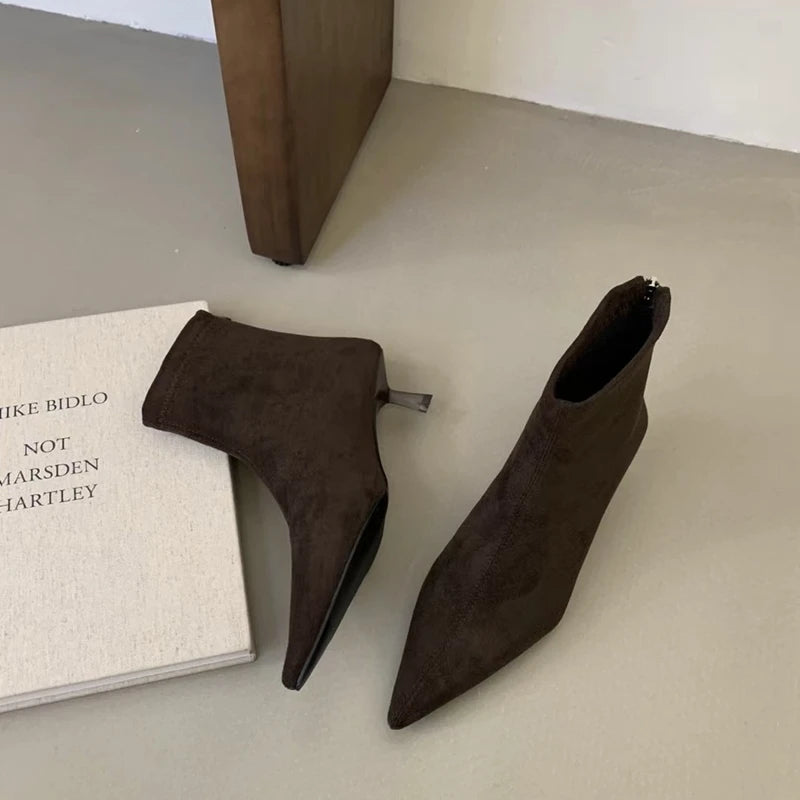 SUOJIALUN 2024 Winter New Brand Women Short Boots Fashion Pointed Toe Ladies Elegant Ankle Boots Thin High Heel Dress Pumps Shoe Pi-Mart