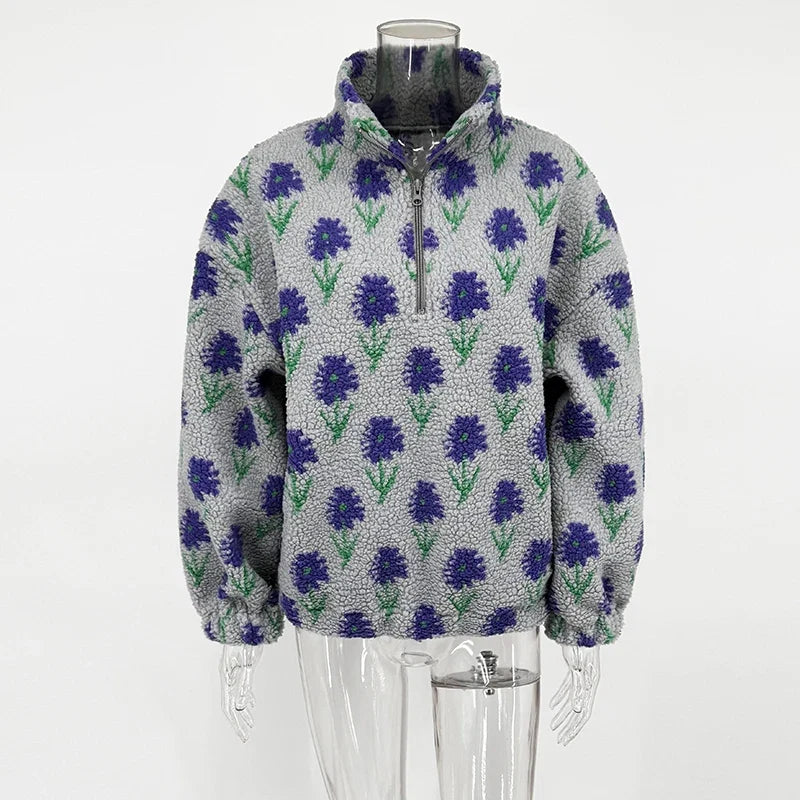 TARUXY Fleece Printing Sweatshirt Women's Half-Zip Sweatshirt Fleece Loose Turtleneck pullover Female Winter Leisure Sweatshirt LadyShow.Store