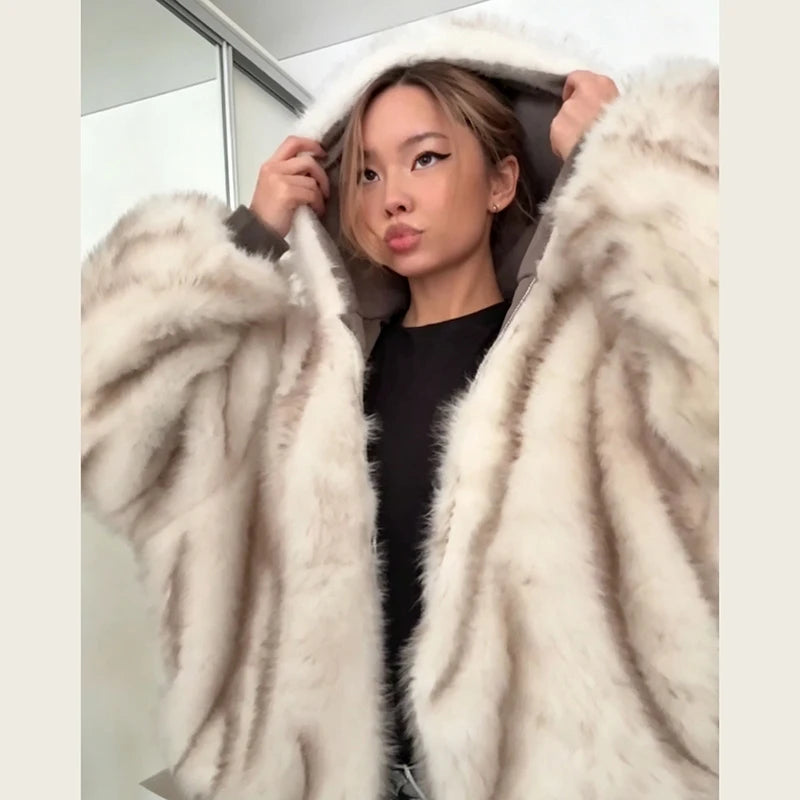 Women's Reversible Faux Fur Jacket Warm Fur Trim Hooded Oversized Puffer Coat Batwing Sleeves Zipper Loose Winter Lady Outerwear Pi-Mart