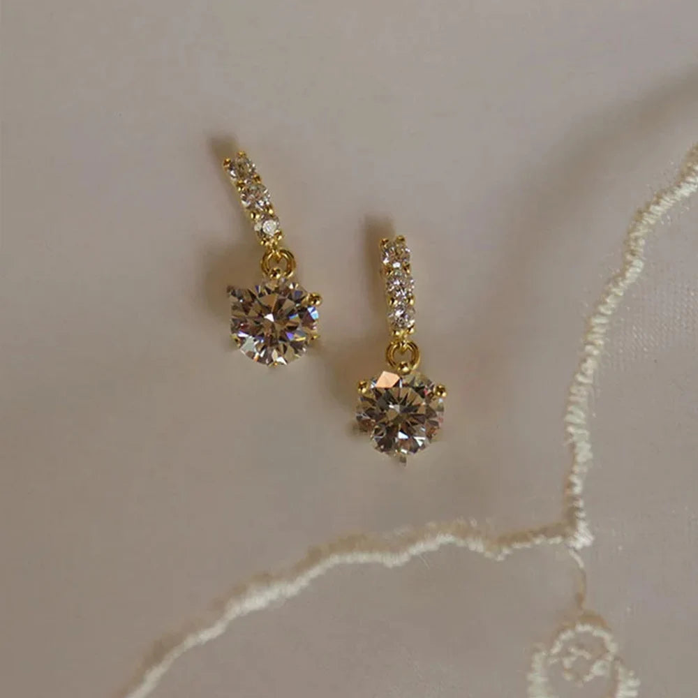 Gold Color Metal Bar Round Cubic Zirconia Stone Earrings Stud For Women Bowknot Shape CZ Post Earring Classic Sparkling Earring Pi-Mart