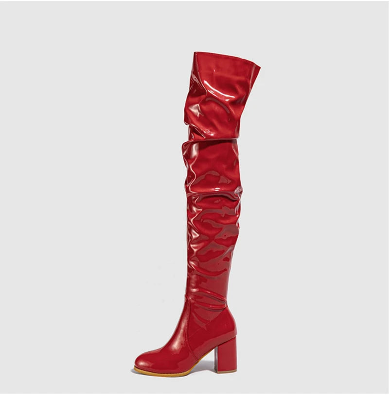 Hlieny 2026 Winter New Thigh High Boots Fashion Patent Leather Round Toe Zip Female Square Heels Pleated Design Women's Shoes Pi-Mart