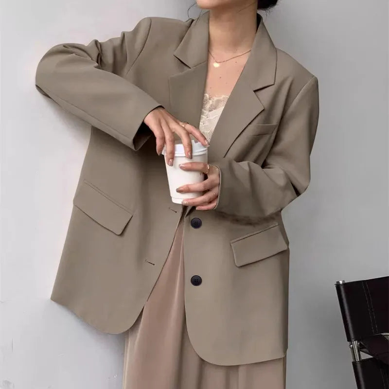 Mid Length Blazer Jacket Women Solid Long Sleeve Pocket Lapel Single Beasted Formal Coat Outerwear Loose Work Casual Blazers Pi-Mart