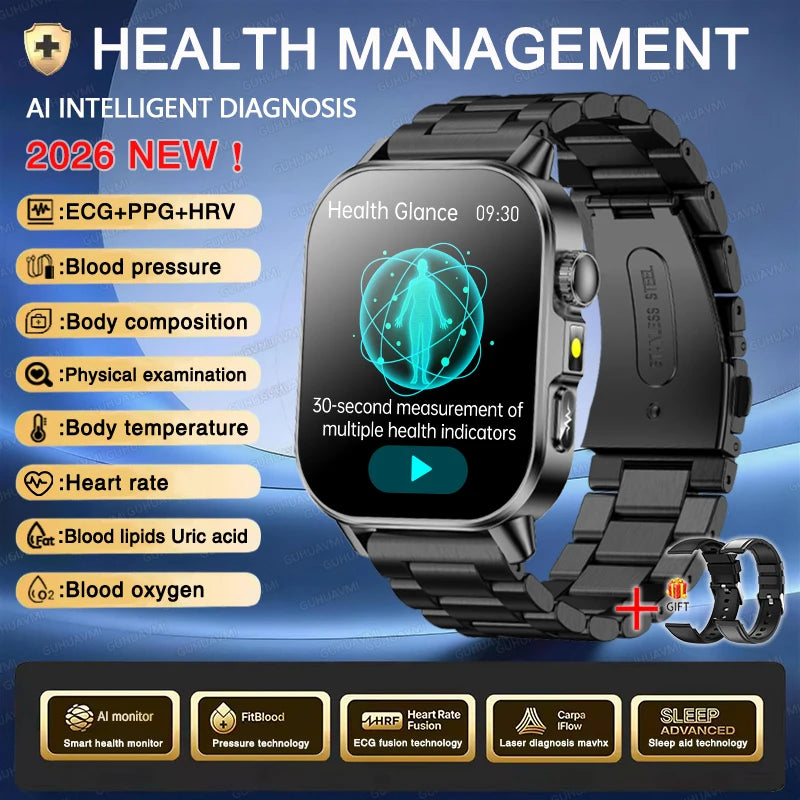 New Men Accurate Health Diagnosis ECG Smart Watch Blood Pressure Blood Oxygen Blood Fat Uric Acid Temp Bluetooth call Smartwatch Pi-Mart