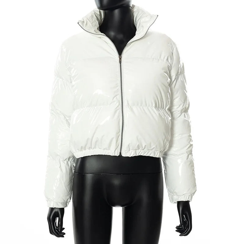 Fashion Cute Women Bright PU Pink Puffer Jacket Winter Warm Bubble Coats Shiny Leather Parkas Down Zipper Cropped Jackets Parkas LadyShow.Store