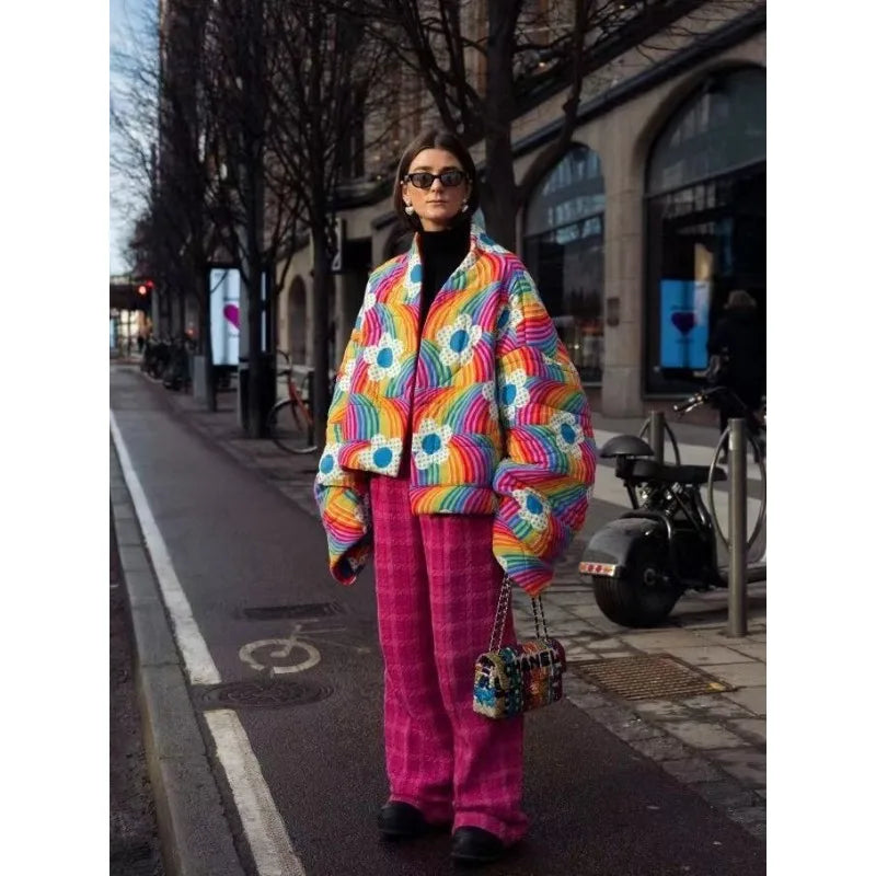 Rainbow Floral Print Winter Cotton Coat Women Chic Casual Cardigan Vintage Harajuku Autumn Puffer Jacket Quilted Streetwear New LadyShow.Store