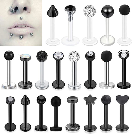 WKOUD 16G Stainless Steel Lip Labret Piercing Crystal Ball Monroe Lip Stud Helix Tragus Conch Piercing Cartilage Earrings Black Pi-Mart