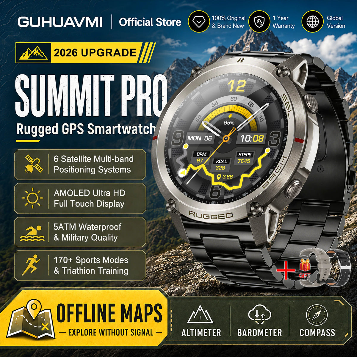 2026 Military Satellite Offline Map GPS Smart Watch Men 1.43''AMOLED Bluetooth Call Compass 5ATM Waterproof 170+Sport Smartwatch Pi-Mart