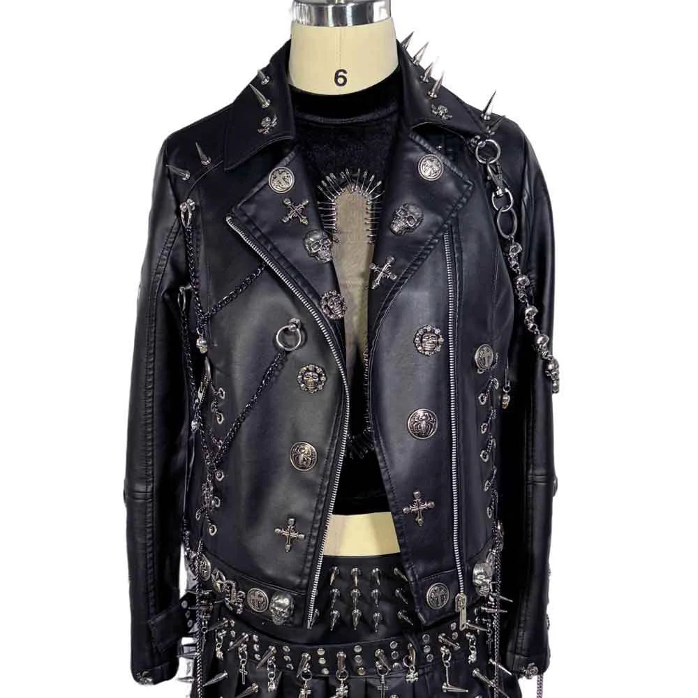 Women's Y2K Goth Black PU Leather Jacket Gothic Boho Emo Clothing with Skull Chain Punk Rock Grunge Rave Festival Coat for Teens Pi-Mart