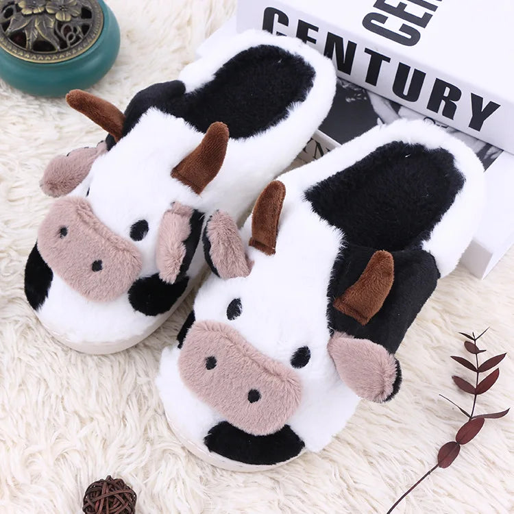 Winter Home Slippers for Couples Warm Plush Neutral Cartoon Cow Indoor Anti Slip Comfortable Cotton Slippers for Men and Women LadyShow.Store
