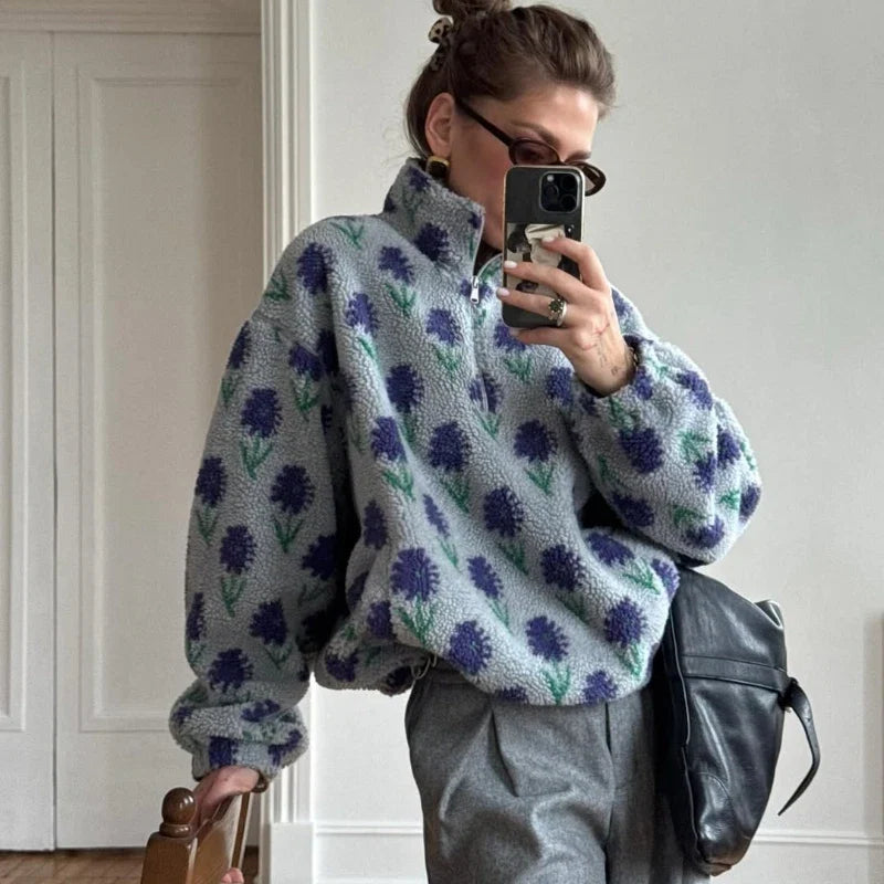 TARUXY Fleece Printing Sweatshirt Women's Half-Zip Sweatshirt Fleece Loose Turtleneck pullover Female Winter Leisure Sweatshirt LadyShow.Store