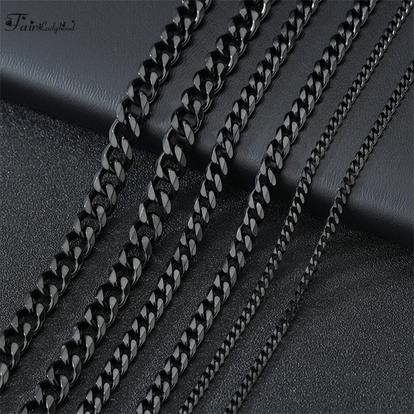 1 piece Size 3.6mm-9mm Men's Necklace Stainless Steel Cuban Link Chain Bracelet Necklace Steel Color Male Jewelry Pi-Mart