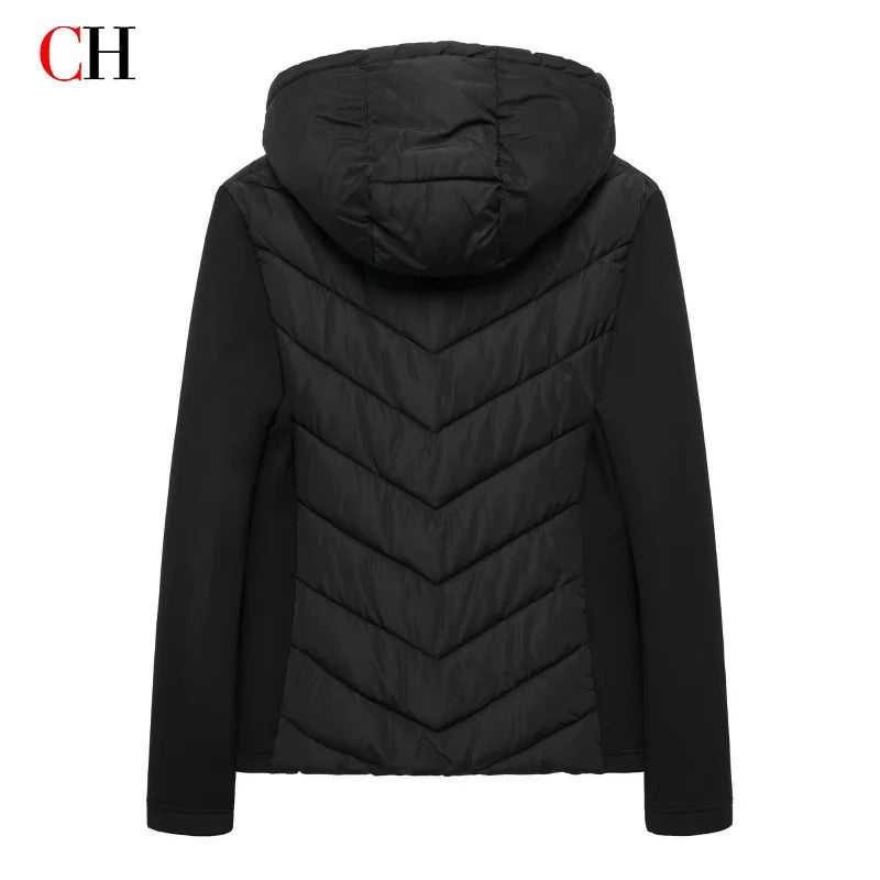 CH Womens Circular Chest Patch Badge Chevron Quilted Hooded Puffer Jacket Panel Sleeves Daily Commute Wear LadyShow.Store