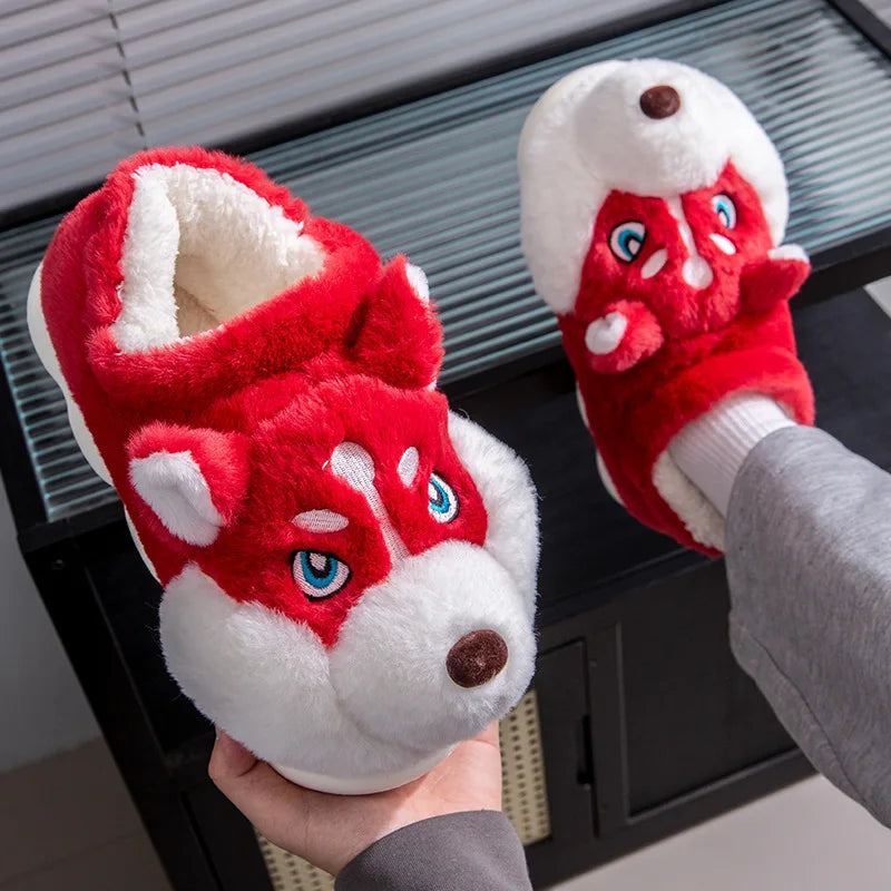 Plus Size 50 Indoor Fluffy Slippers For Women Men Winter Warm Shoes Cute Cartoon Dog Light Weight Couples Home Floor Slipper LadyShow.Store