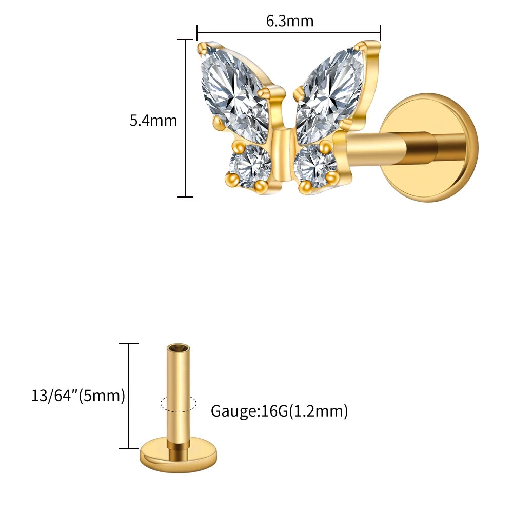 Right Grand ASTM F136 Titanium 16G Mini Butterfly CZ Labret Tragus Cartilage Conch Forward Helix Stud Nose Piercing Body Jewelry Pi-Mart