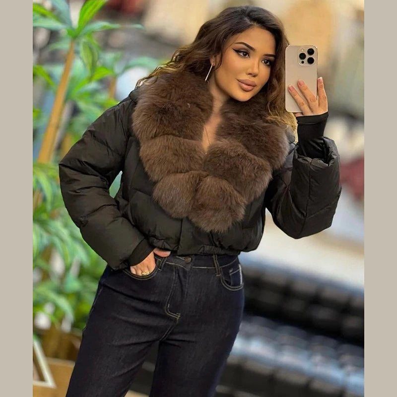 Luxury Thick Faux Fox Fur Collar Cropped Puffer Coat Women Oversized Lapel Zip Up Short Warm Windproof Winter Outerwear Jacket Pi-Mart