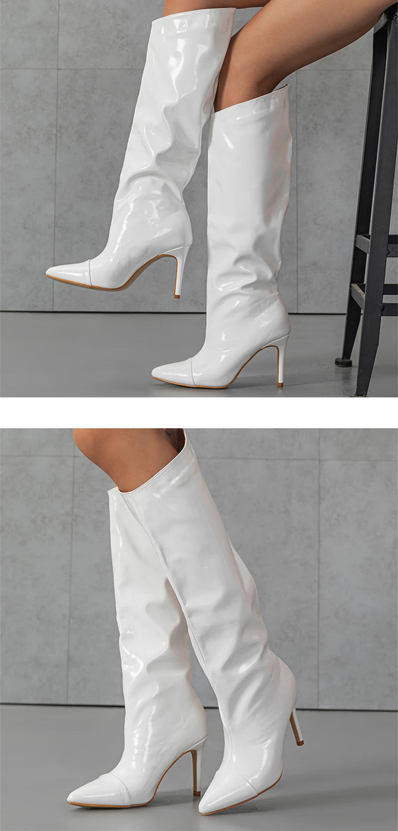 Liyke Fashion Runway Pleated Patent Leather Boots Female Pointed Toe Stiletto Heels Pumps Autumn Winter Knee High Shoes Women Pi-Mart