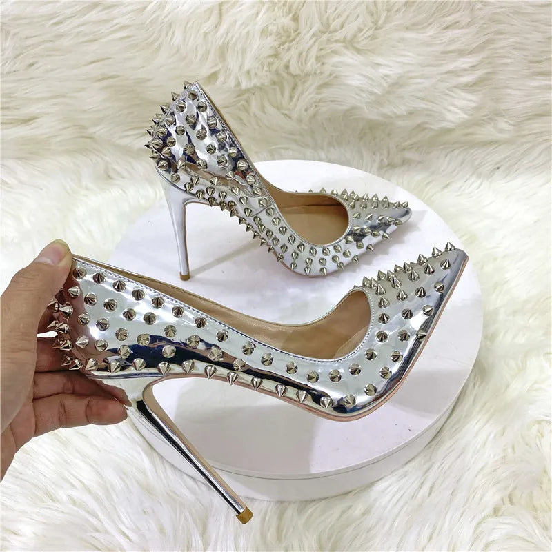 Women New Rivet High Heels 12CM Fashion Pointed Toe Party Single Shoes Europe And America Club Stage Pumps Silver Plus Size 43 Pi-Mart