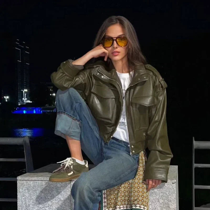 Women's Jacket Faux Leather Jacket Green Women's Demi-Season Jacket Outerwears Women's Autumn New In Coat Windbreaker Streetwear LadyShow.Store