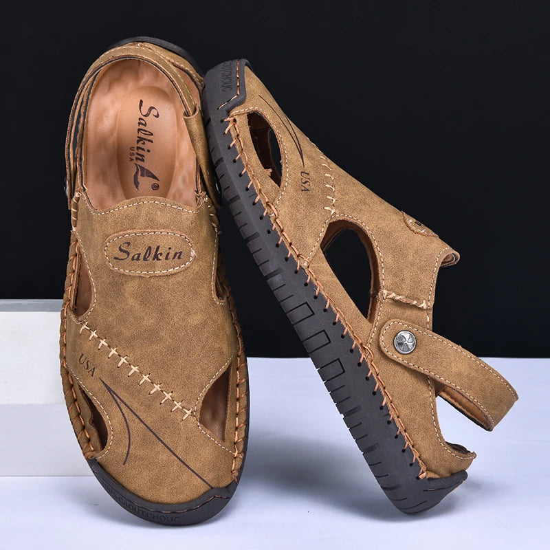 New Handmade Summer Sandals Men Breathable Leather Shoes Man Outdoor Men Sandals Antiskid Beach Sandals Hollow Shoes Fashion Pi-Mart