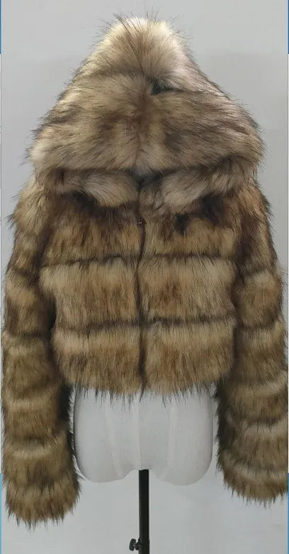 High Quality Furry Cropped Faux Fur Coats Jackets Women Fluffy Top With Hooded Winter Fur Jackets Fourrure Manteau Femme JH137 Pi-Mart