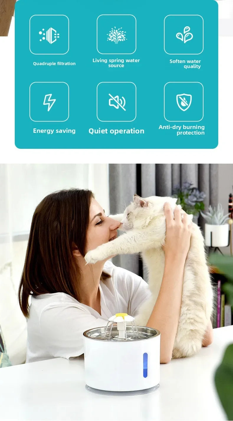 Pet Water Fountain Quiet Pump Visible Water Level 4-Layer Filter Flower Nozzle Cat Dispenser Drinking Bowl Cats Small Dogs Home Pi-Mart