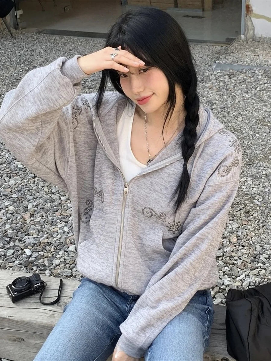 Street Sle Korean Version Simple Personali Rivet Zipper Casual Loose Matching Hoodie Jaet Unique SEI Women's Sweatirt LadyShow.Store
