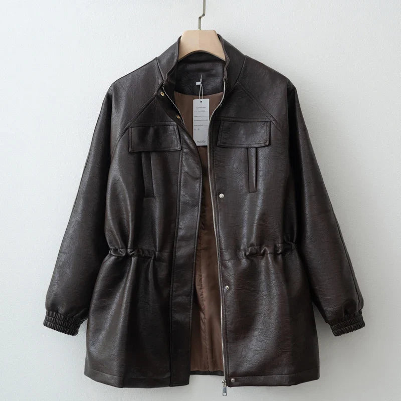 Autumn Winter Pu Leather Jacket For Women Solid Full Sleeve Elastic Adjustable Waist Coat 2025 New Lady Fashion Casual Outwears LadyShow.Store