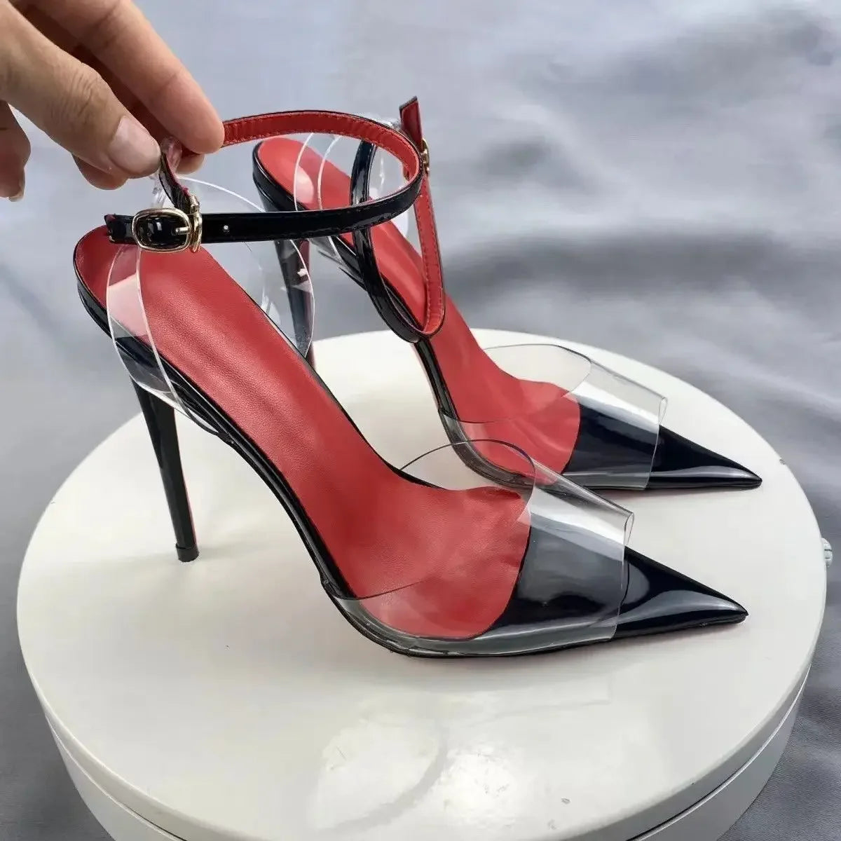 New European and American electric purple ultra soft transparent PVC sandals with straight stripes and slim heels, 12cm sexy Pi-Mart