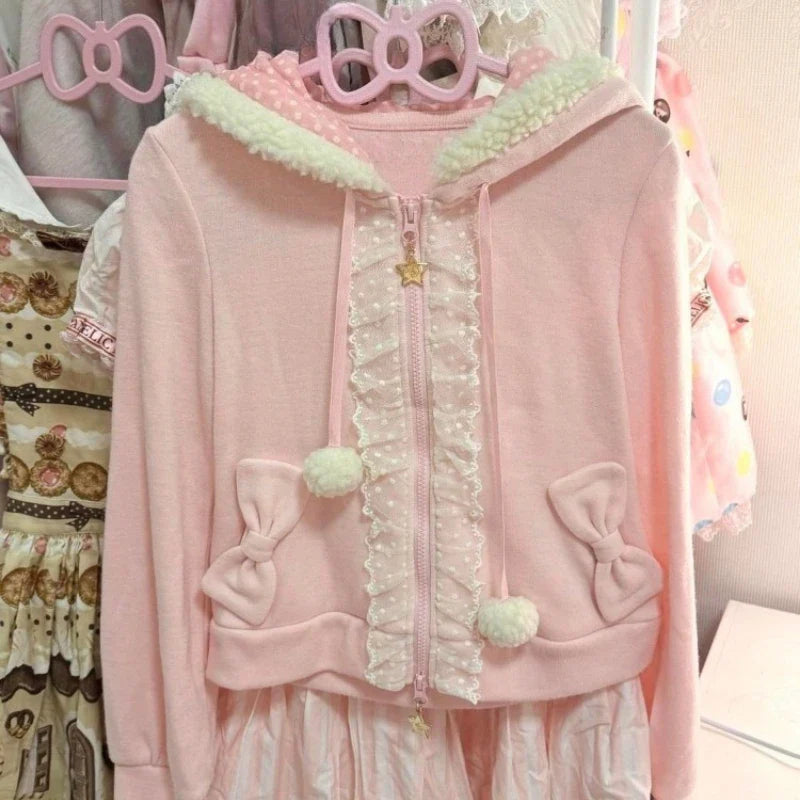 Japanese Cute Coat Embroidery Rabbit Ear Hooded Subculture Kawaii Y2k Tops Casual Fashion Sweet Coats Ropa Mujer Women Clothing LadyShow.Store