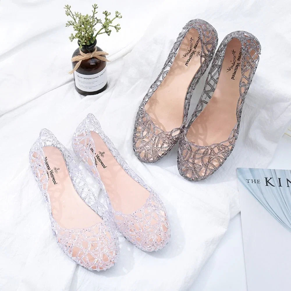 Comfortable Flat-soled Women Sandals Clear Shallow Mouth Beach Jelly Shoes Breathable Hollow Out Bling Sandals Footwear LadyShow.Store