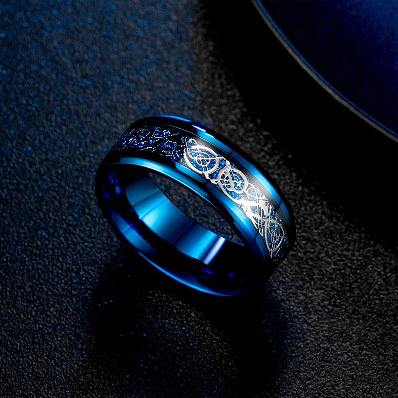 Classic 8mm Black Tungsten Wedding Celtic Dragon For Men Fashion Stainless Steel Red Carbon Fiber Ring Band Pi-Mart