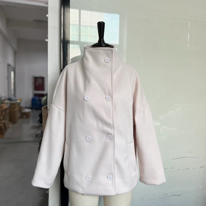 Fashion Short Woolen Coat For Women Stand Collar Full Sleeve Loose Zipper Jacket Female 2025 Spring Autumn Solid Lady Outwear LadyShow.Store