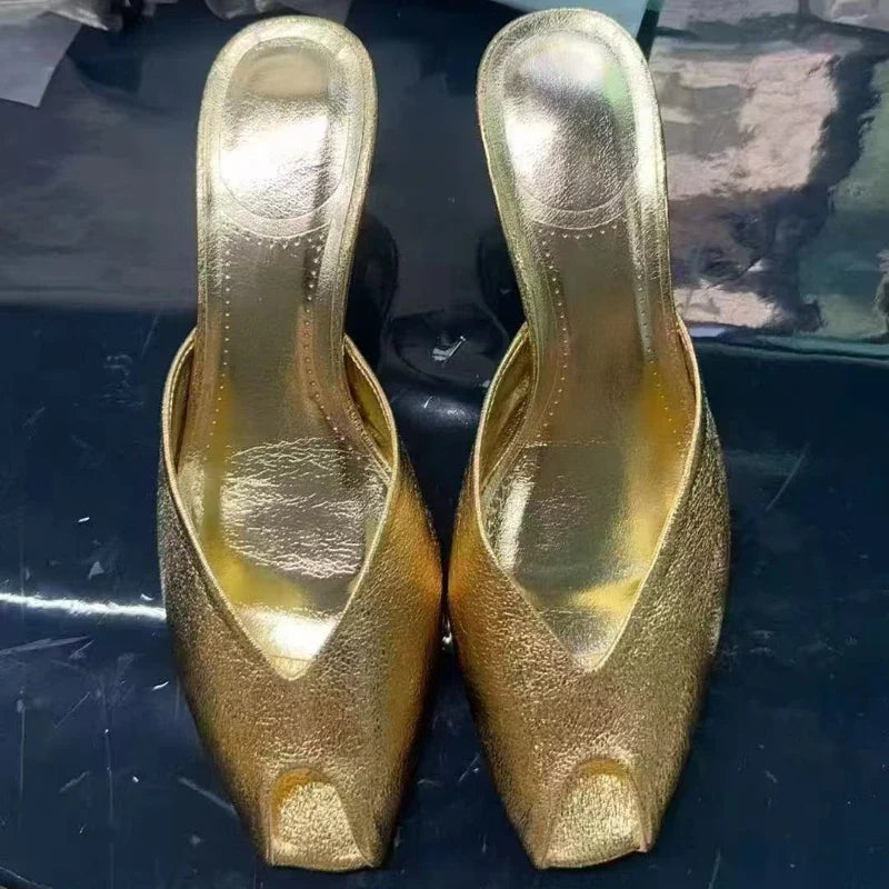 Luxury Designer Gold Heeled Slippers Women Sexy Open Toe Elegant Slide Sandals for Ladies Wedding Bridal Pumps Zapatos De Mujer LadyShow.Store