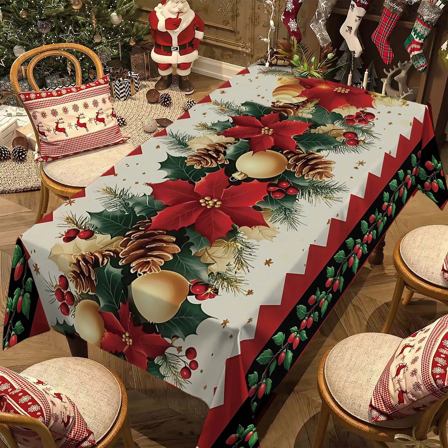 Christmas Rectangle Tablecloth, Poinsettia Design Tablecloth For New Year Party And Dinner Christmas Table Decor Tablecloth Pi-Mart