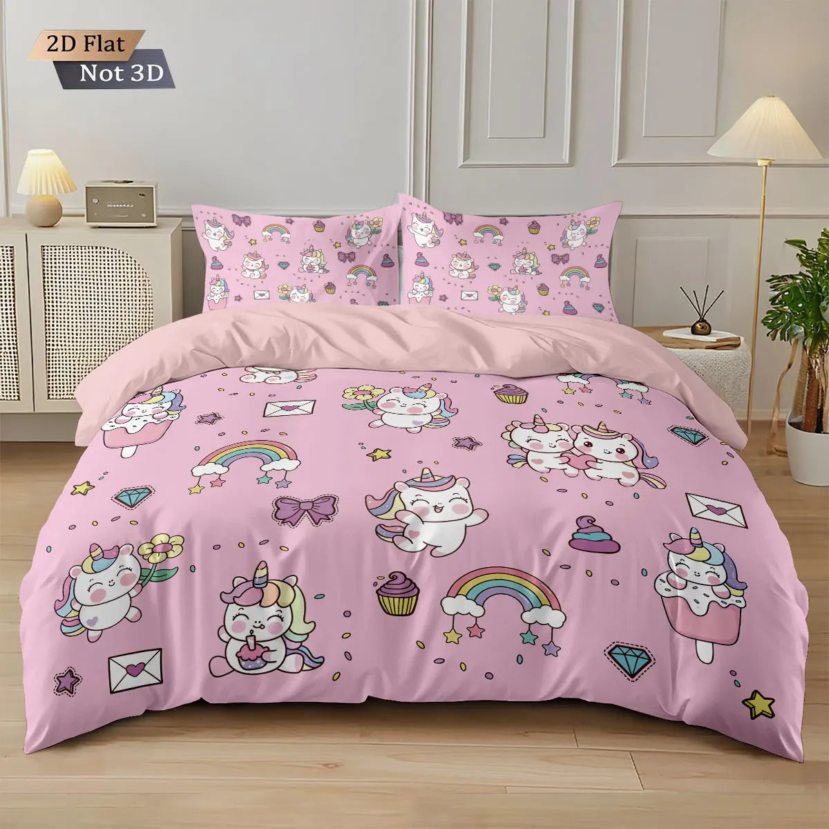 3pcs Cartoon Cute Unicorn Printed Coreless Down Duvet Cover Set, Multi Size Bedroom Bedding Decoration, Machine Washable Pi-Mart