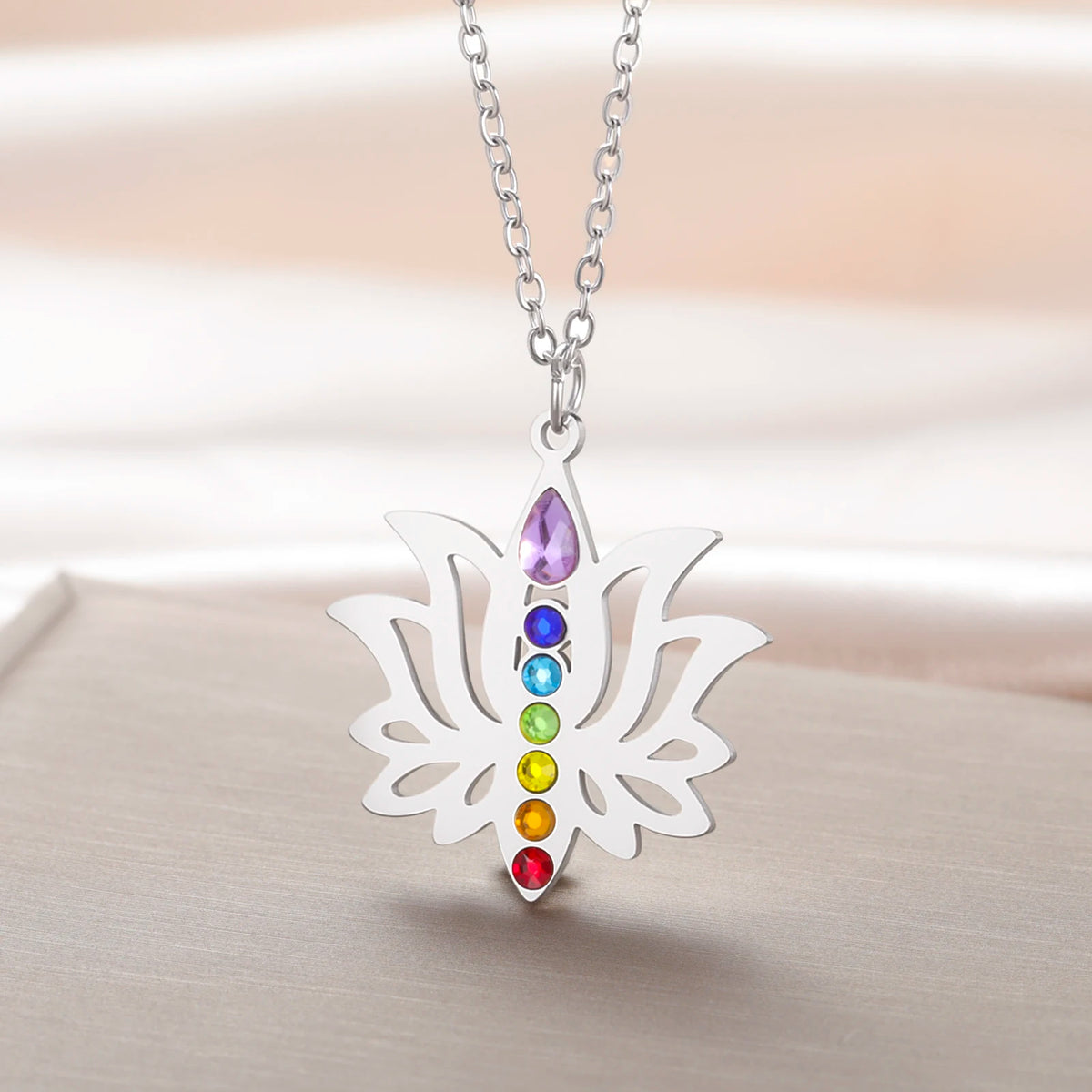 Gold Plated 7 Chakra Lotus Flower Necklace with Om Symbol Spiritual Yoga Jewelry Seven Colorful Zircon Lotus Flower Necklace Pi-Mart