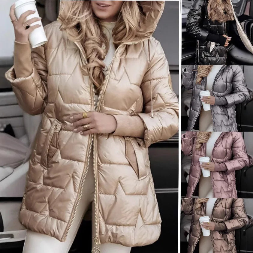Parkas Coat Women Cotton Padded Jacket Hooded Outerwear Winter Thick Warm Pockets Zipper Puffer Windproof Mid Length Overcoat LadyShow.Store