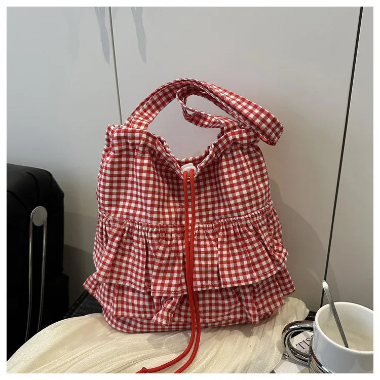 Large Capaci Cute Plaid Cotton Tote Bag  Lace Trim Women's Summer 2025 Simple Lady Handbag Soft Shoulder Bags Bolsa Feminina Pi-Mart
