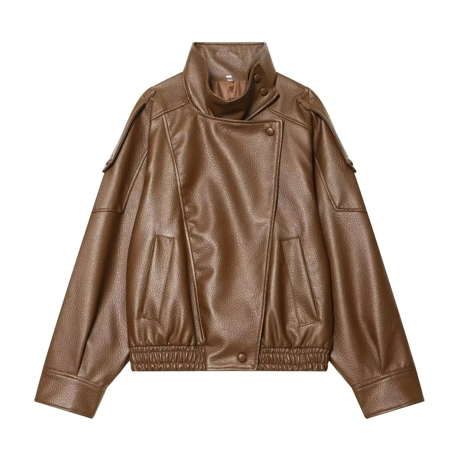 TFMLN Chic Black Faux Leather Jackets Women Long Sleeve Buttons Elastic Oversized Coats Fashion 2025 Autumn Winter Streetwear LadyShow.Store