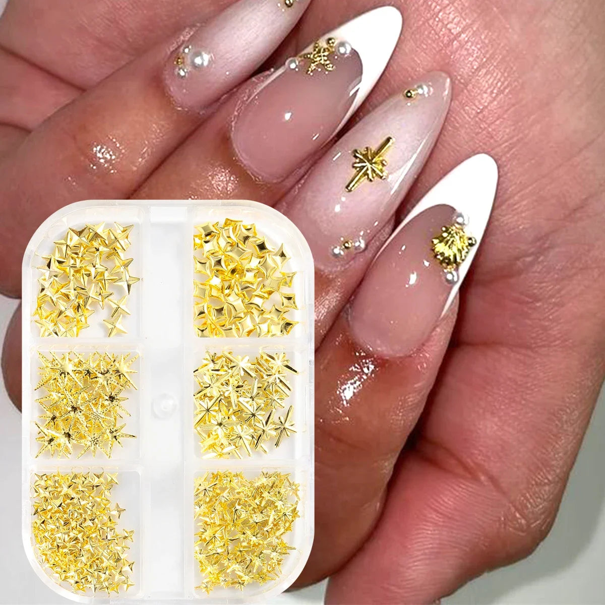 6/12Grids Gold Star Moon Metallic Rivet 3D Nail Charms Alloy Sun Moon Starlight Rhinestones Nail Studs For Nail Art Decoration Pi-Mart